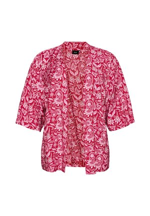 Cardigan rosso aperto sul davanti con motivi floreali e paisley bianchi, maniche corte e vestibilità ampia.
