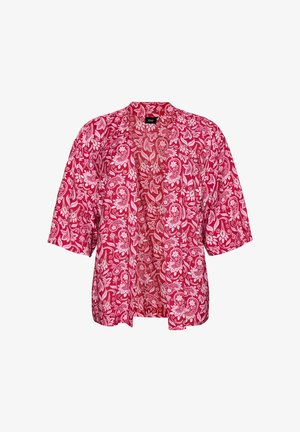 Cardigan rosso aperto sul davanti con motivi floreali e paisley bianchi, maniche corte e vestibilità ampia.
