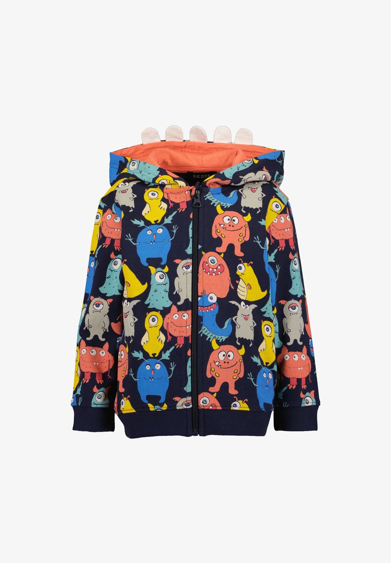 Dziecięca bluza z kapturem na zamek z kolorowymi wzorami potworów na granatowym tle i pomarańczowym wnętrzu kaptura, z materiałowymi kolcami na górze.