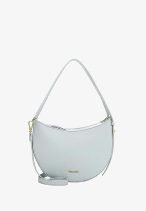 Světle šedá kožená kabelka s oblým tvarem, horním zapínáním na zip a nastavitelným ramenním popruhem. Ozdobena zlatým logem.