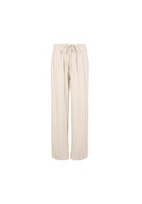 Pantalons larges beige avec des rayures verticales sombres, fabriqués en tissu doux. Dispose d'une taille élastique avec cordon de serrage pour un ajustement réglable.