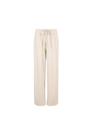 Beige wide-leg pants with vertical dark stripes, made from soft fabric. Features an elastic drawstring waist for adjustable fit.