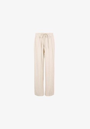 Pantalones de pierna ancha beige con rayas verticales oscuras, hechos de una tela suave. Cuentan con una cintura elástica con cordón para un ajuste ajustable.