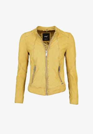 Gele geperforeerde lederen jas met ritssluiting aan de voorkant en twee ritssluitingen aan de zijkanten, weergegeven tegen een witte achtergrond.