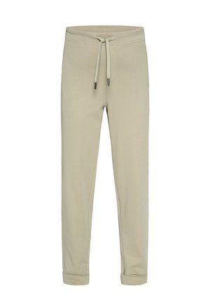 Beige Jogginghosen mit elastischem Bund, verstellbarem Kordelzug, umgeschlagenen Bündchen und einer weichen, glatten Textur.