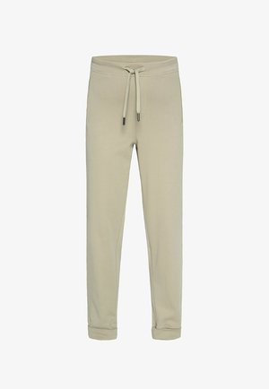 Beige Jogginghosen mit elastischem Bund, verstellbarem Kordelzug, umgeschlagenen Bündchen und einer weichen, glatten Textur.
