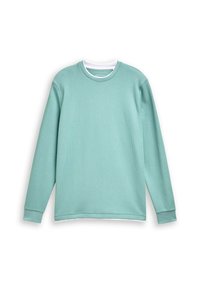Helles grünes Langarm-Sweatshirt mit gerippter Textur. Verfügt über einen runden Halsausschnitt und einen kontrastierenden weißen Innenkragen.