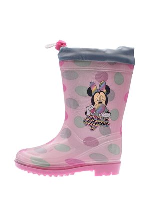 Stivale da pioggia trasparente rosa in gomma con dettagli grigi, dotato di grandi pois e di un design di Minnie Mouse sul lato.