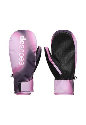 Pink and purple gradient mittens with black textured palms and velcro straps, featuring the word "dcshoes" on the back of one mitten.