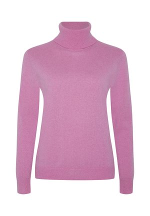 Roze lang-sleeve coltrui met ribgebreide kraag, manchetten en zoom, weergegeven tegen een witte achtergrond.