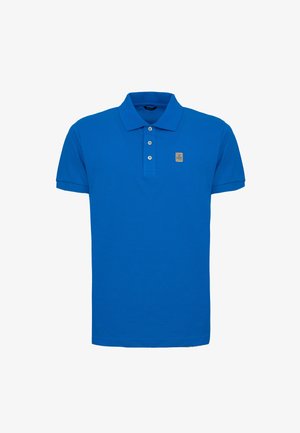 Blauwe polo-shirt van katoen met een klassieke kraag, een knoopsluiting met drie knopen en een klein logo-label op de linkerborst. Korte mouwen.