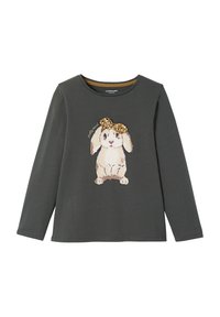 Langärmliges graues Shirt mit einem Kaninchenmotiv und einer Schleife. Hergestellt aus weichem Stoff, hat es einen runden Halsausschnitt und einen lässigen Schnitt.