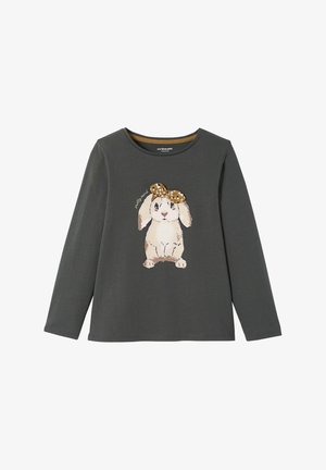 Long-sleeve gray shirt featuring a rabbit graphic with a bow. Made of soft fabric, it has a round neckline and relaxed fit.