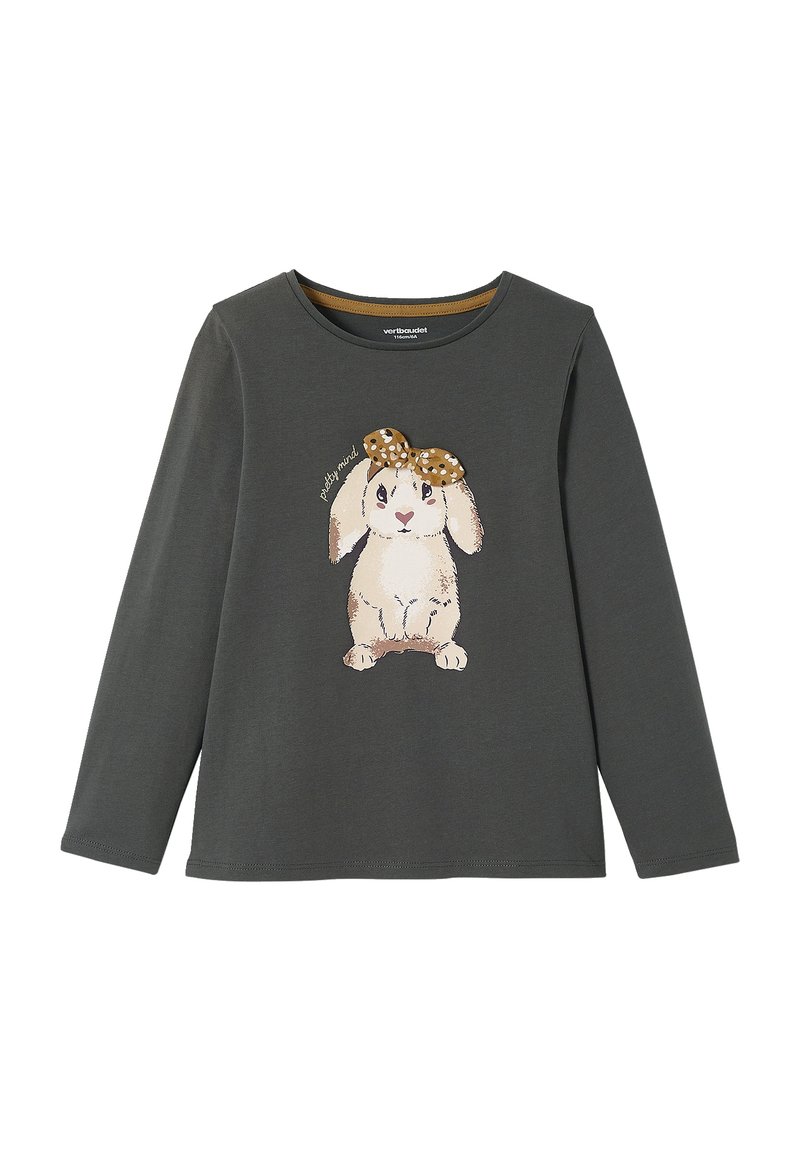 Langärmliges graues Shirt mit einem Kaninchenmotiv und einer Schleife. Hergestellt aus weichem Stoff, hat es einen runden Halsausschnitt und einen lässigen Schnitt.