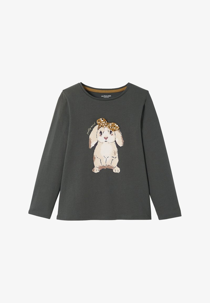 Langärmliges graues Shirt mit einem Kaninchenmotiv und einer Schleife. Hergestellt aus weichem Stoff, hat es einen runden Halsausschnitt und einen lässigen Schnitt.