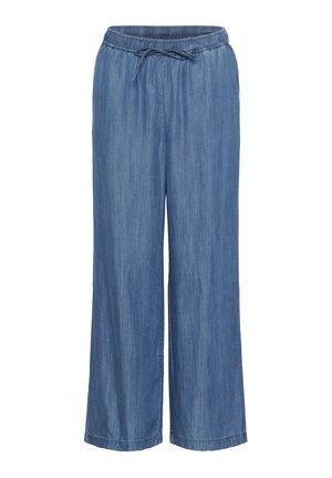 Lightweight, pull-on trousers in medium blue denim. Features an elastic waistband with a drawstring, wide-leg design, and subtle texture.