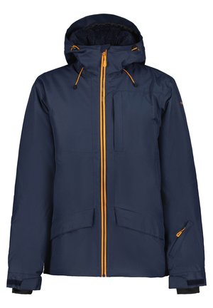 Veste d'hiver bleu marine à capuche avec fermeture éclair et cordons orange, poches poitrine et latérales, et sangles de poignet ajustables.