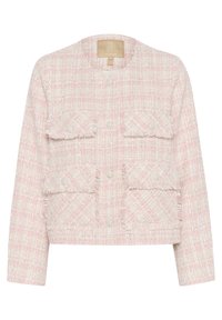 Růžový tweedový blazer s krátkým střihem, který má dvě přední kapsy, střapcové detaily a kulaté knoflíky. Texturovaná látka s kostkovaným vzorem.