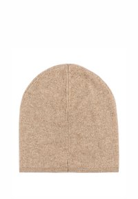 Beige knit beanie hat with a soft texture, rounded top, and seamless design. Features a subtle, uniform color with no additional patterns.