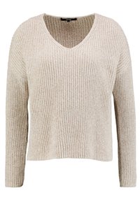 Pull beige en maille avec un col en V, des manches longues et une coupe ample. Présente un motif texturé et des poignets ainsi qu'un ourlet côtelés.