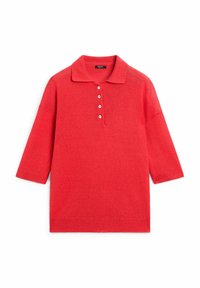 Czerwony sweter polo na drutach z krótkim kołnierzem, krótkimi rękawami i zapinany na pięć guzików. Wykonany z miękkiego, fakturowanego materiału o luźnym kroju.