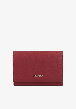 Red leather wallet with a textured finish, folded design, and a gold logo accent. Compact shape with closed edges and no visible hardware.