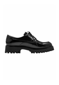 Schwarze Lackleder Schnürschuhe mit runder Zehenform, kontrastierendem Nähen und einer klobigen, gezahnten schwarzen Gummisohle.