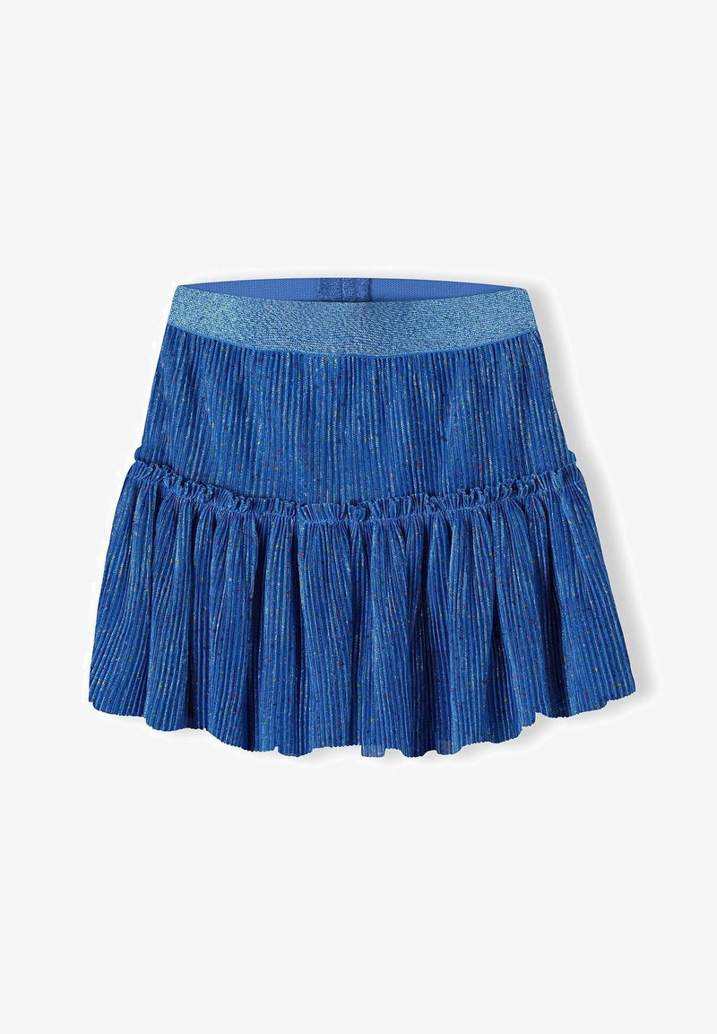 Modra plisirana krila iz teksturirane tkanine, z mehkim pasom in pisanimi pikami po celotni površini. Rob je oblikovan v zvonu z nabranimi detajli.