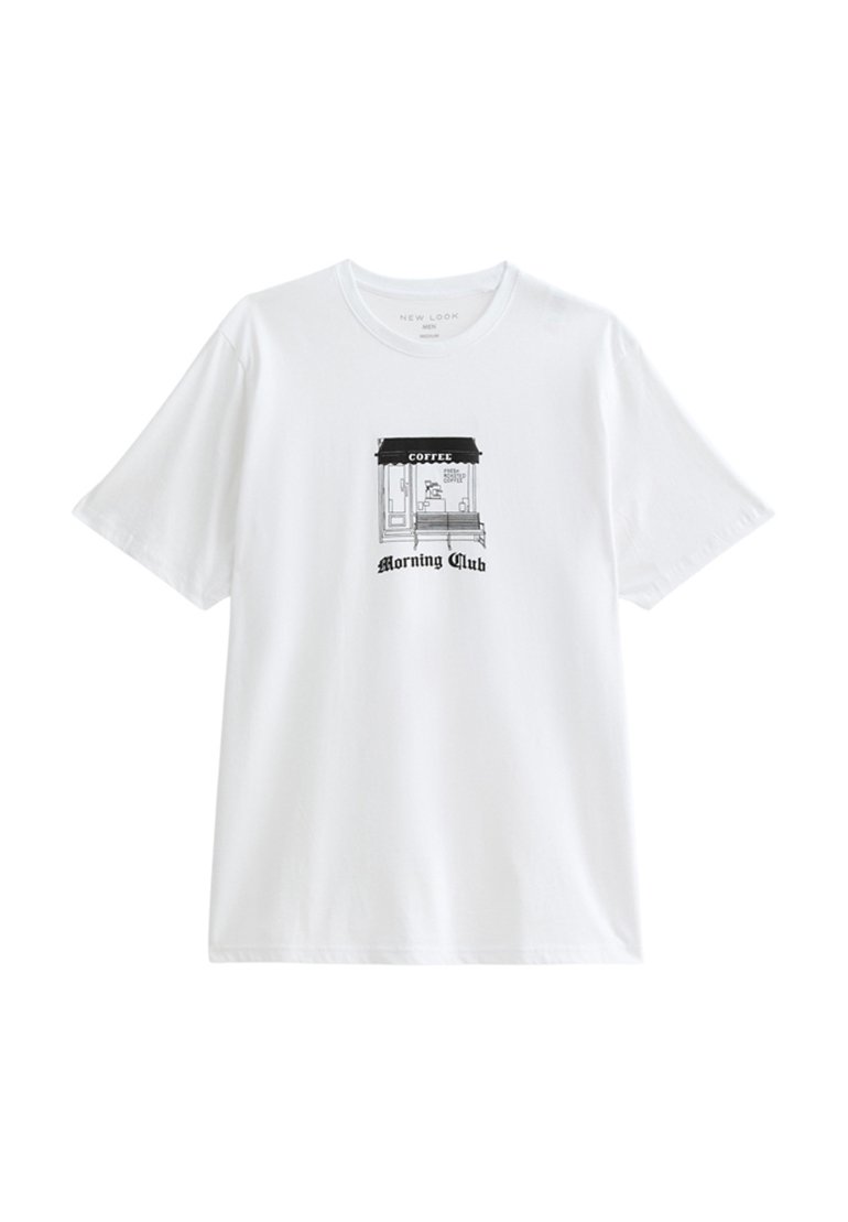 Camiseta de algodón blanca con un gráfico negro de una cafetería y el texto "Morning Club" debajo. Cuello redondo clásico y mangas cortas.
