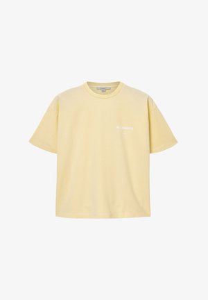 Geltona medvilninė trumpomis rankovėmis ir apvalia iškirpte marškinėliai. Kairėje krūtinės pusėje yra mažas baltas "ALLSAINTS" logotipas.