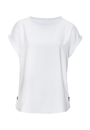 Schlichtes weißes kurzärmeliges Blusenshirt mit umgeschlagenen Manschetten, rundem Ausschnitt und Knopfdetails an beiden Seiten am Saum.