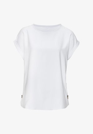Schlichtes weißes kurzärmeliges Blusenshirt mit umgeschlagenen Manschetten, rundem Ausschnitt und Knopfdetails an beiden Seiten am Saum.