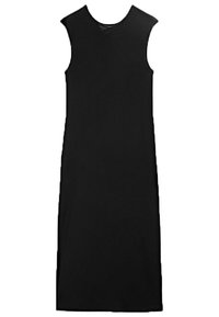 Abito nero senza maniche con taglio dritto. Il tessuto è liscio con una minima elasticità. Presenta un colletto classico e spacchi laterali.