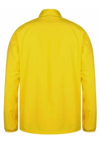 Gelbe wasserdichte Jacke mit langen Ärmeln, Stehkragen und glatter Textur. Keine sichtbaren Muster oder Beschläge.