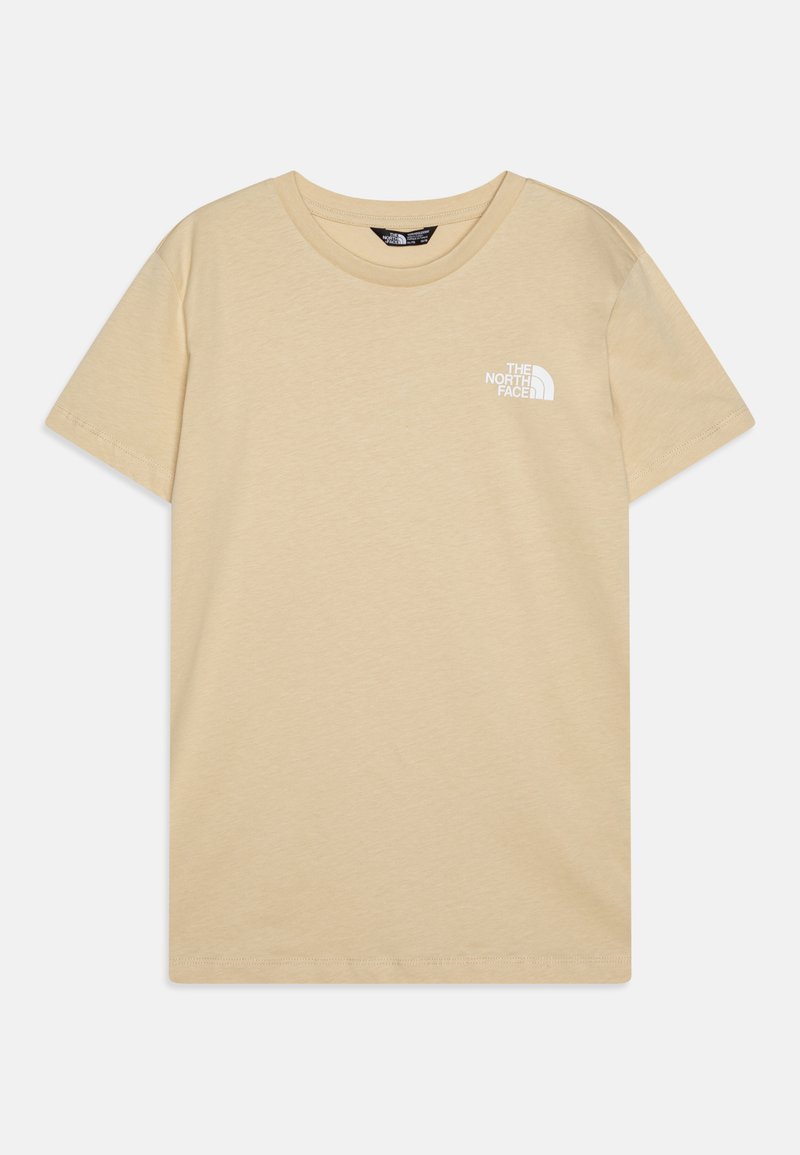 Béžové bavlnené tričko s krátkymi rukávmi a okrúhlym výstrihom, s malým bielym logom na ľavej strane hrudníka. Hladká textúra, voľný strih.