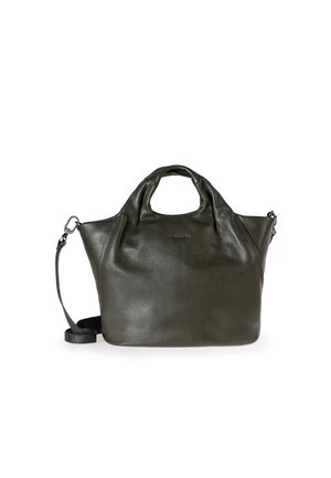 Borsa a tracolla in pelle verde oliva con superficie testurizzata, doppio manico e tracolla removibile. Presenta un design morbido e strutturato.
