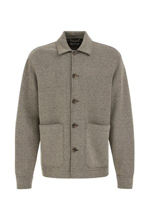 Reljefaina pelēka jaka ar pogām aiztaisāmu priekšpusi, smailu apkakli, divām priekšējām kabatām un ribotām aprocēm. Aprīkota ar brūnām pogām un strukturētu piegriezumu.