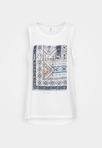 Biała bezrękawnikowa bluzka z kolorowym graficznym wzorem w geometryczne kształty, z metalicznymi akcentami oraz napisem "PERSIST" z przodu.