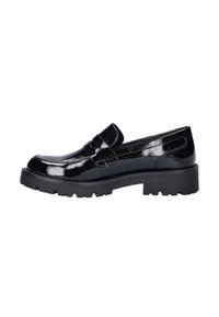 Black patent leather loafer with a rounded toe and low, textured rubber sole. Features a simple strap detail across the instep.