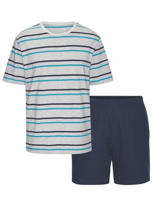 Herren T-Shirt mit kurzem Arm und Rundhalsausschnitt in Grau, Marineblau und Türkis mit horizontalen Streifen, kombiniert mit einfarbigen marineblauen Shorts mit elastischem Bund.