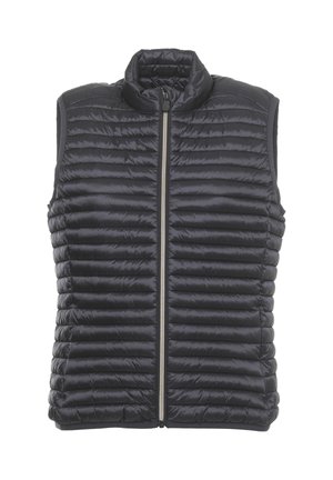 Smanicato imbottito nero trapuntato senza maniche con collo alto e chiusura frontale con zip, mostrato su sfondo bianco.