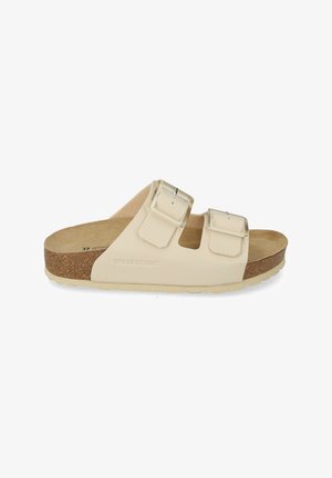 Sandalo beige aperto con due cinturini regolabili con fibbia e soletta in sughero su suola piatta.