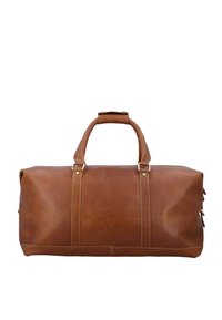 Brązowa skórzana torba podróżna z dwoma uchwytami, minimalistycznymi przeszyciami i mosiężnymi akcentami. Gładka faktura i cylindryczny kształt.