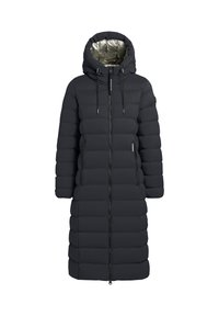 Cappotto lungo imbottito nero con zip frontale, cappuccio regolabile, texture trapuntata e fodera metallizzata. Presenta due tasche laterali per riporvi gli oggetti.