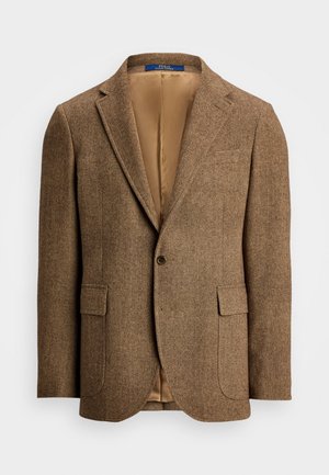 Brown herringbone blazer with two front pockets, a single-button closure, and a tan satin lining. Features a notched collar and tailored fit.