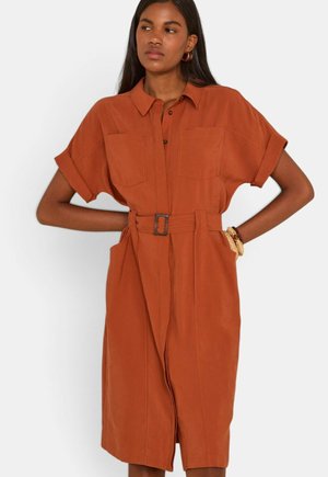 Femme aux longs cheveux foncés portant une robe chemise rouille ceinturée, avec manches courtes et poches, debout les mains sur les hanches.