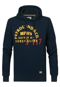 Granatowa bluza z kapturem wykonana z mieszanki bawełny. Posiada kieszeń typu kangurek, kaptur z regulacją za pomocą sznurka oraz grafikę z przodu w żółtym i czerwonym kolorze.