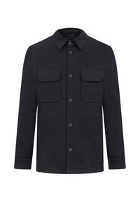 Sort overshirt i uldblanding med krave, to brystlommer og trykknapper. Har en tekstureret overflade, lige snit og lange ærmer.