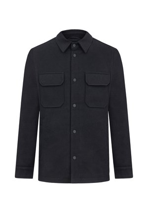 Camisa de abrigo negra de mezcla de lana con collar, dos bolsillos en el pecho y botones a presión. Presenta un acabado texturizado, corte recto y mangas largas.