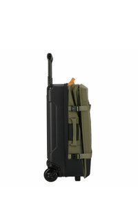 Rolling suitcase with a black hard shell and olive green fabric section, featuring adjustable straps, a retractable handle, and black wheels.